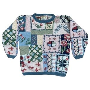 VTG Crystal Kobe Sweater Cottagecore Patchwork Knit 90s Pink Granny SM Petite